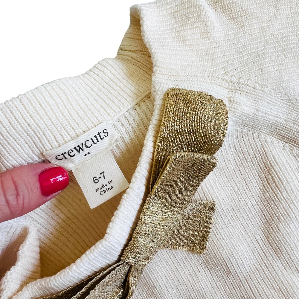 J. CREW Kids CREWCUTS Cream with Gold Bow Cotton Ribbed Sweater Sz 6-7 - Picture 7 of 11